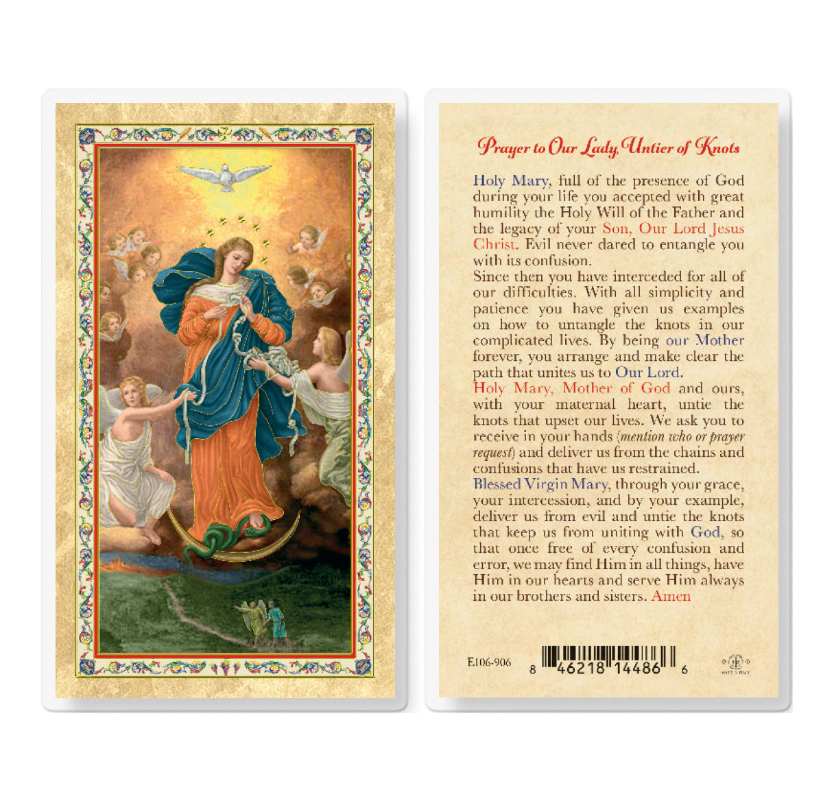 Our Lady, Untier of Knots Gold-Stamped Laminated Catholic Prayer Holy Card with Prayer on Back, Pack of 25