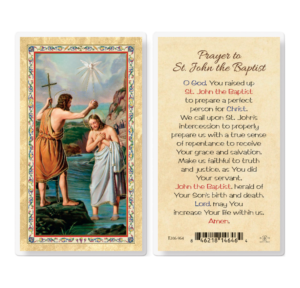 Prayer to St. John the Baptist Gold-Stamped Laminated Catholic Prayer Holy Card with Prayer on Back, Pack of 25