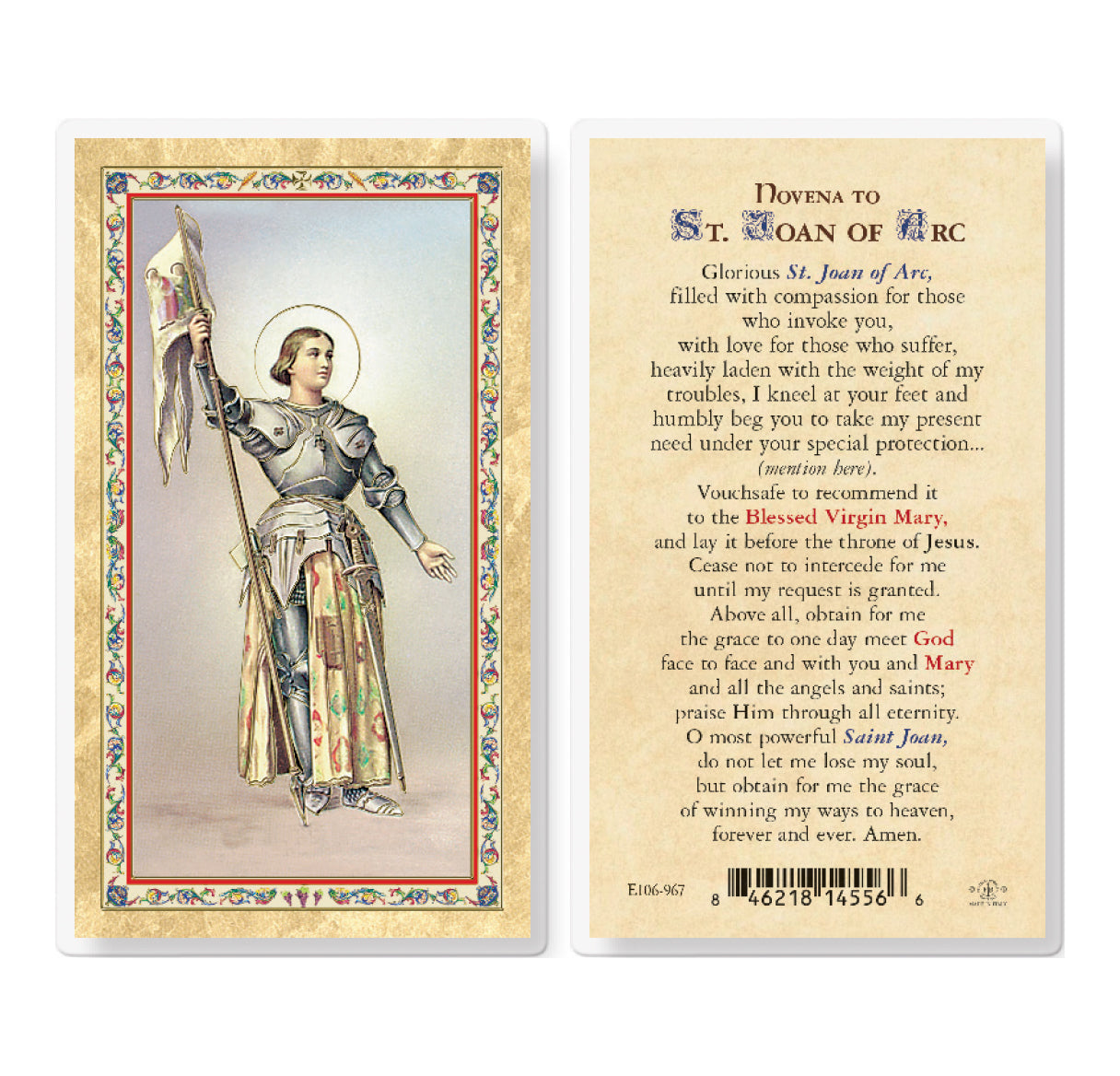 Novena to St. Joan of Arc Gold-Stamped Laminated Catholic Prayer Holy Card with Prayer on Back, Pack of 25