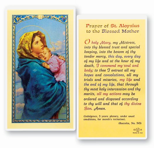 Prayer of Saint Aloysius to the Blessed Mother Laminated Catholic Prayer Holy Card with Prayer on Back, Pack of 25