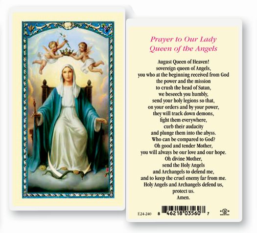 Our Lady Queen of Angels Laminated Catholic Prayer Holy Card with Prayer on Back, Pack of 25