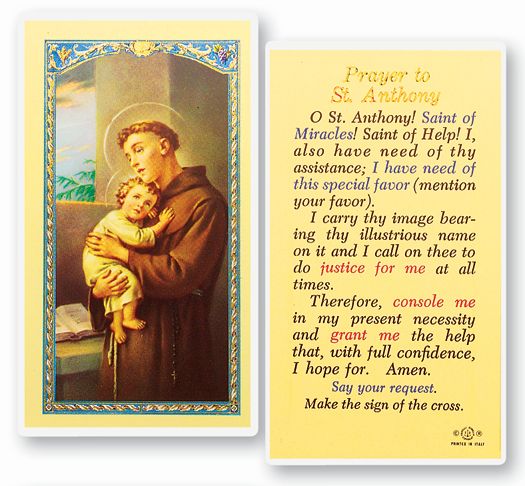 Saint Anthony Laminated Catholic Prayer Holy Card with Prayer on Back, Pack of 25