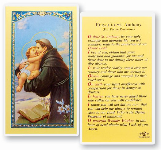 Saint Anthony Divine Protection Laminated Catholic Prayer Holy Card with Prayer on Back, Pack of 25