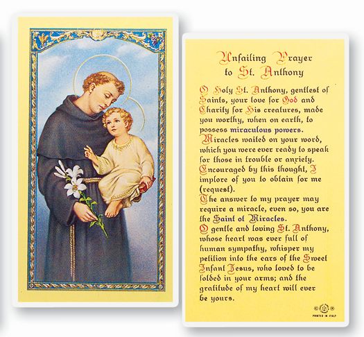 Saint Anthony Unfailing Prayer Laminated Catholic Prayer Holy Card with Prayer on Back, Pack of 25