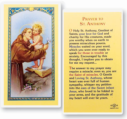 Saint Anthony Thomas in Trouble Laminated Catholic Prayer Holy Card with Prayer on Back, Pack of 25