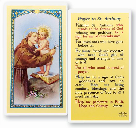Saint Anthony Laminated Catholic Prayer Holy Card with Prayer on Back, Pack of 25
