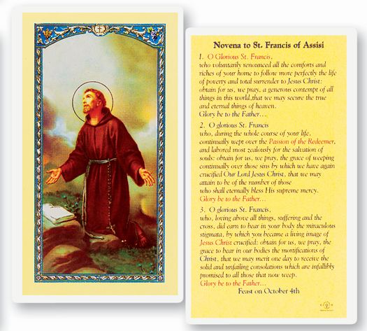 Saint Francis Novena Laminated Catholic Prayer Holy Card with Prayer on Back, Pack of 25