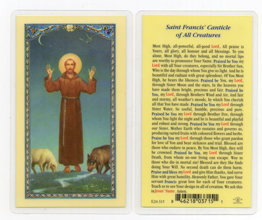 Saint Francis Canticle Laminated Catholic Prayer Holy Card with Prayer on Back, Pack of 25