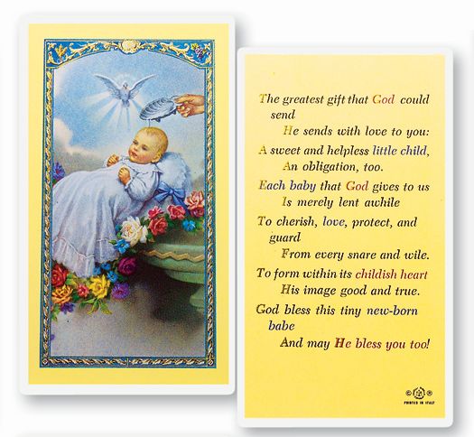 Baby's Baptismal Laminated Catholic Prayer Holy Card with Prayer on Back, Pack of 25