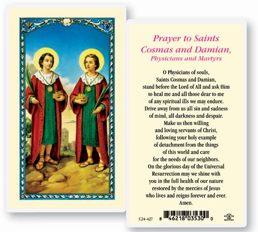 Saints Cosmos and Damian Laminated Catholic Prayer Holy Card with Prayer on Back, Pack of 25