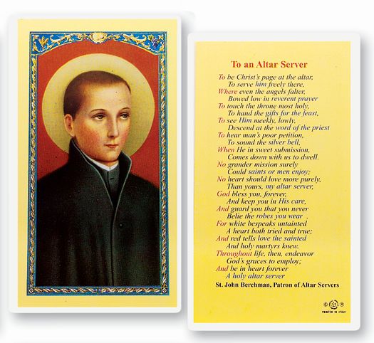 Saint John Berchman Altar Server Laminated Catholic Prayer Holy Card with Prayer on Back, Pack of 25