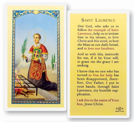 Saint Lawrence Laminated Catholic Prayer Holy Card with Prayer on Back, Pack of 25