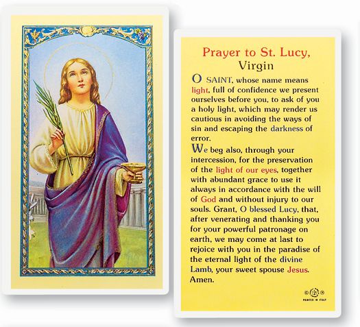 Saint Lucy Laminated Catholic Prayer Holy Card with Prayer on Back, Pack of 25