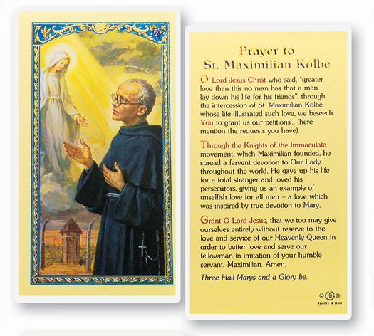 Saint Maximilian Kolbe Laminated Catholic Prayer Holy Card with Prayer on Back, Pack of 25