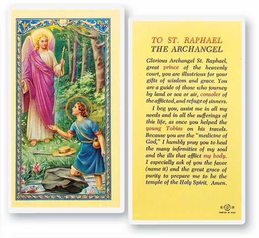 Saint Raphael Laminated Catholic Prayer Holy Card with Prayer on Back, Pack of 25