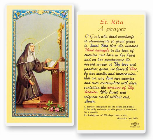 Saint Rita Laminated Catholic Prayer Holy Card with Prayer on Back, Pack of 25
