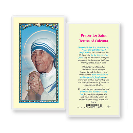 Saint Teresa of Calcutta Laminated Catholic Prayer Holy Card Pack of 25