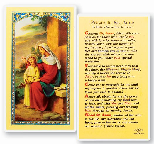 Saint Anne Prayer to Obtain Favors Catholic Prayer Holy Card with Prayer on Back, Pack of 25