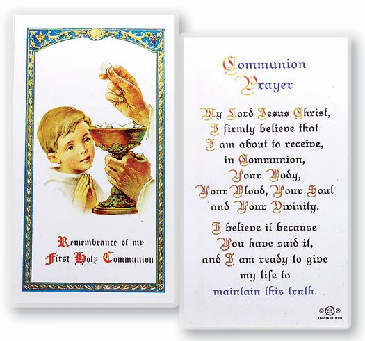 Communion Boy Laminated Catholic Prayer Holy Card with Prayer on Back, Pack of 25