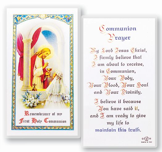Communion Girl Laminated Catholic Prayer Holy Card with Prayer on Back, Pack of 25