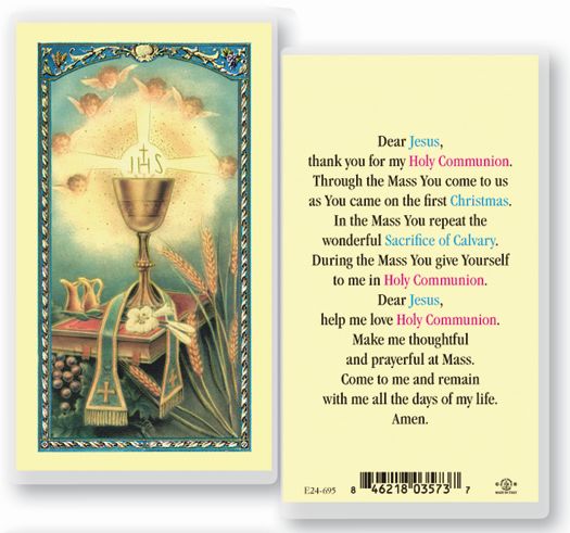 First Communion Laminated Catholic Prayer Holy Card with Prayer on Back, Pack of 25