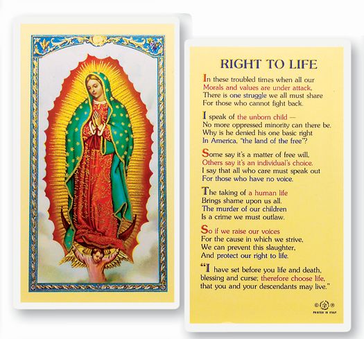 Right to Life Laminated Catholic Prayer Holy Card with Prayer on Back, Pack of 25