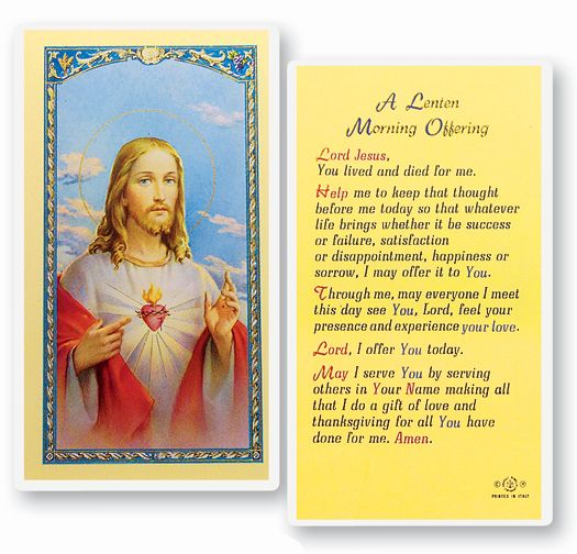 Lenten Morning Offering Laminated Catholic Prayer Holy Card with Prayer on Back, Pack of 25