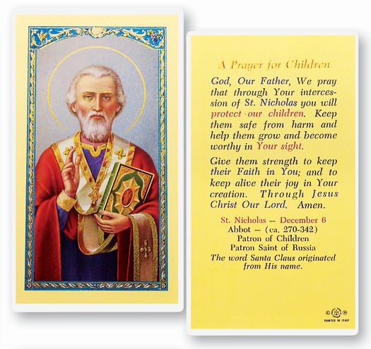 Saint Nicholas Laminated Catholic Prayer Holy Card Pack of 25