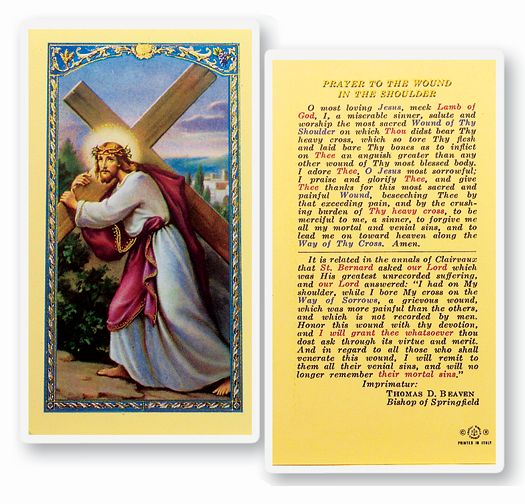 Wound in the Shoulder Laminated Catholic Prayer Holy Card with Prayer on Back, Pack of 25