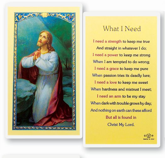 What I Need Laminated Catholic Prayer Holy Card Pack of 25