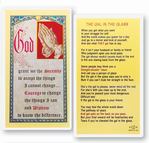 The Gal in the Glass Serenity Laminated Catholic Prayer Holy Card with Prayer on Back, Pack of 25