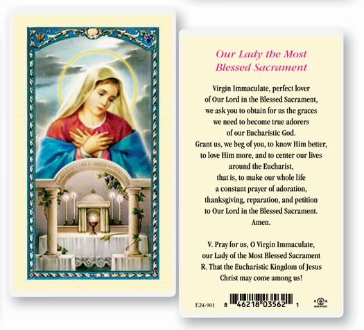 Our Lady of the Blessed Sacrament Laminated Catholic Prayer Holy Card with Prayer on Back, Pack of 25