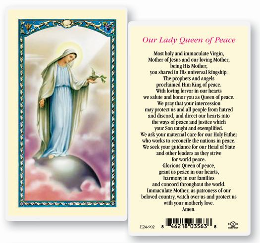 Our Lady Queen of Peace Laminated Catholic Prayer Holy Card with Prayer on Back, Pack of 25