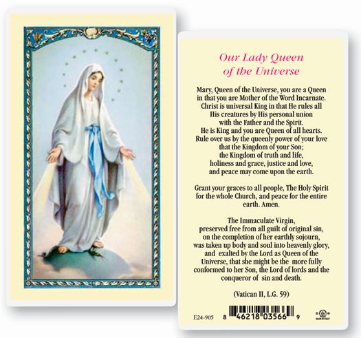 Our Lady Queen of the Universe Laminated Catholic Prayer Card Pack of 25