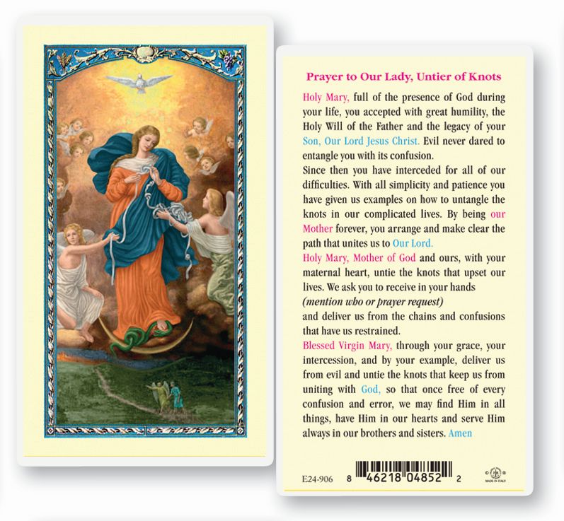 Our Lady Untier of Knots Laminated Catholic Prayer Holy Card with Prayer on Back, Pack of 25