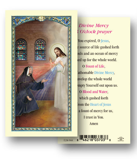 Divine Mercy 3 of'clock Laminated Catholic Prayer Holy Card with Prayer on Back, Pack of 25