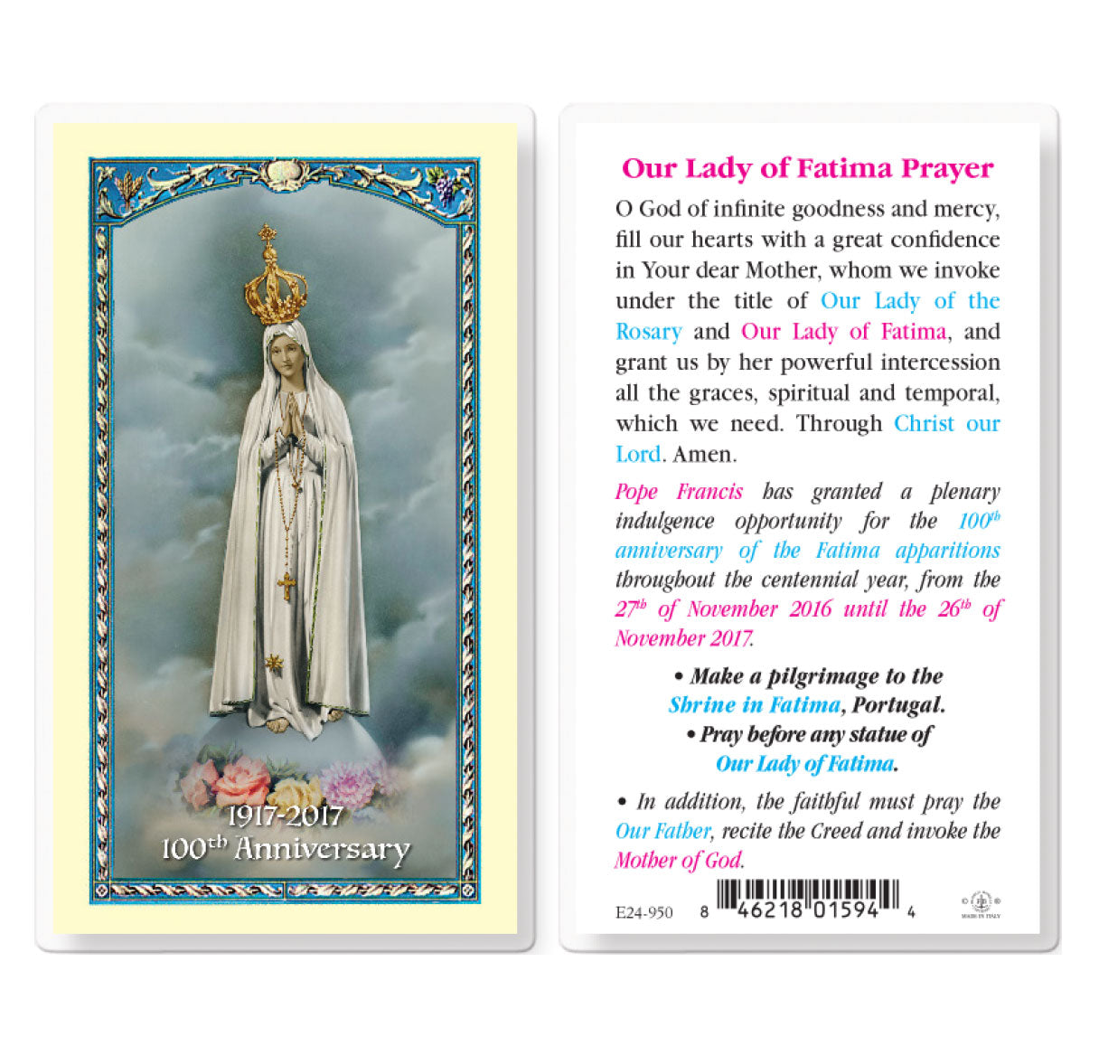 Our Lady of Fatima 100th Anniversary Laminated Catholic Prayer Holy Card with Prayer on Back, Pack of 25