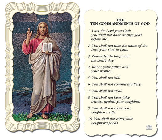 The Ten Commandments Catholic Prayer Holy Card with Prayer on Back, Pack of 50