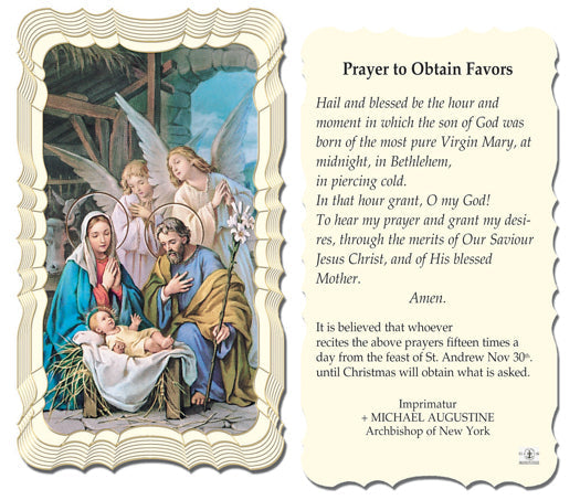 Christmas/Prayer to Obtain Favors Catholic Prayer Holy Card with Prayer on Back, Pack of 50