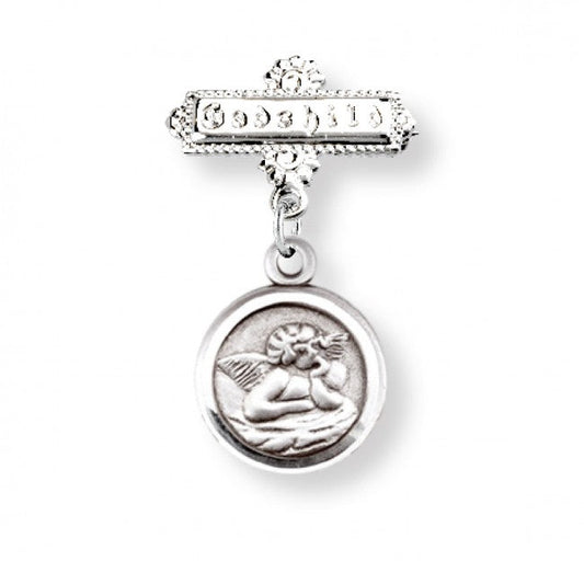 Extel Guardian Angel Round Sterling Silver Medal on a Godchild Bar Pin, Catholic Baptism Gift for Godchild, Made in USA