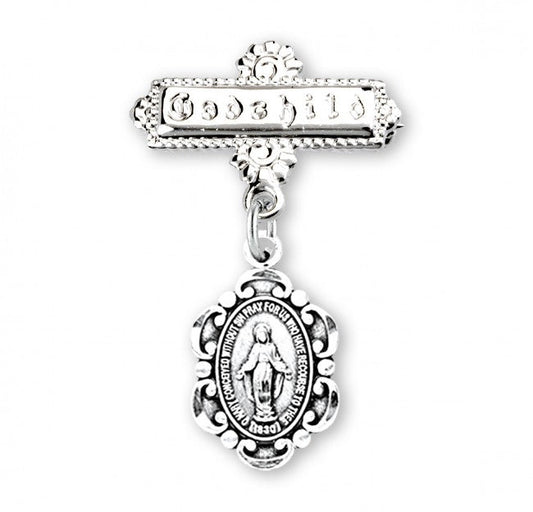 Extel Sterling Silver Fancy Edge Miraculous Medal on a Godchild Bar Pin, Catholic Baptism Gift for Godchild, Made in USA