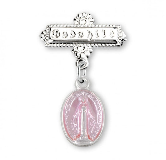 Extel Pink Enameled Oval Sterling Silver Baby Miraculous Baby Medal on a Godchild Bar Pin, Catholic Baptism Gift for Girl, Made in USA
