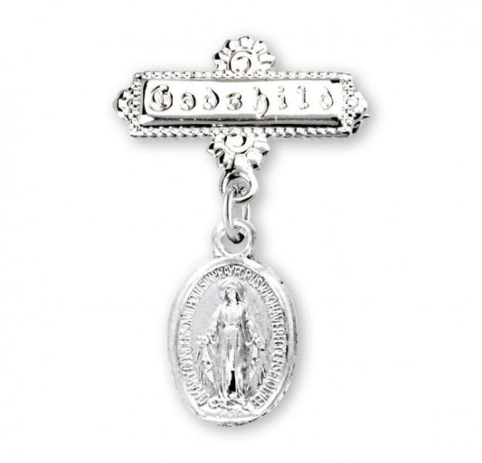 Extel Sterling Silver Oval Baby Miraculous Medal on a Godchild Bar Pin, Catholic Baptism Gift for Godchild, Made in USA