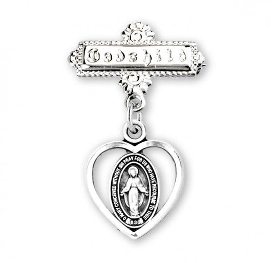 Extel Sterling Silver Pierced Heart Baby Miraculous Medal on a Godchild Pin, Catholic Baptism Gift for Godchild, Made in USA