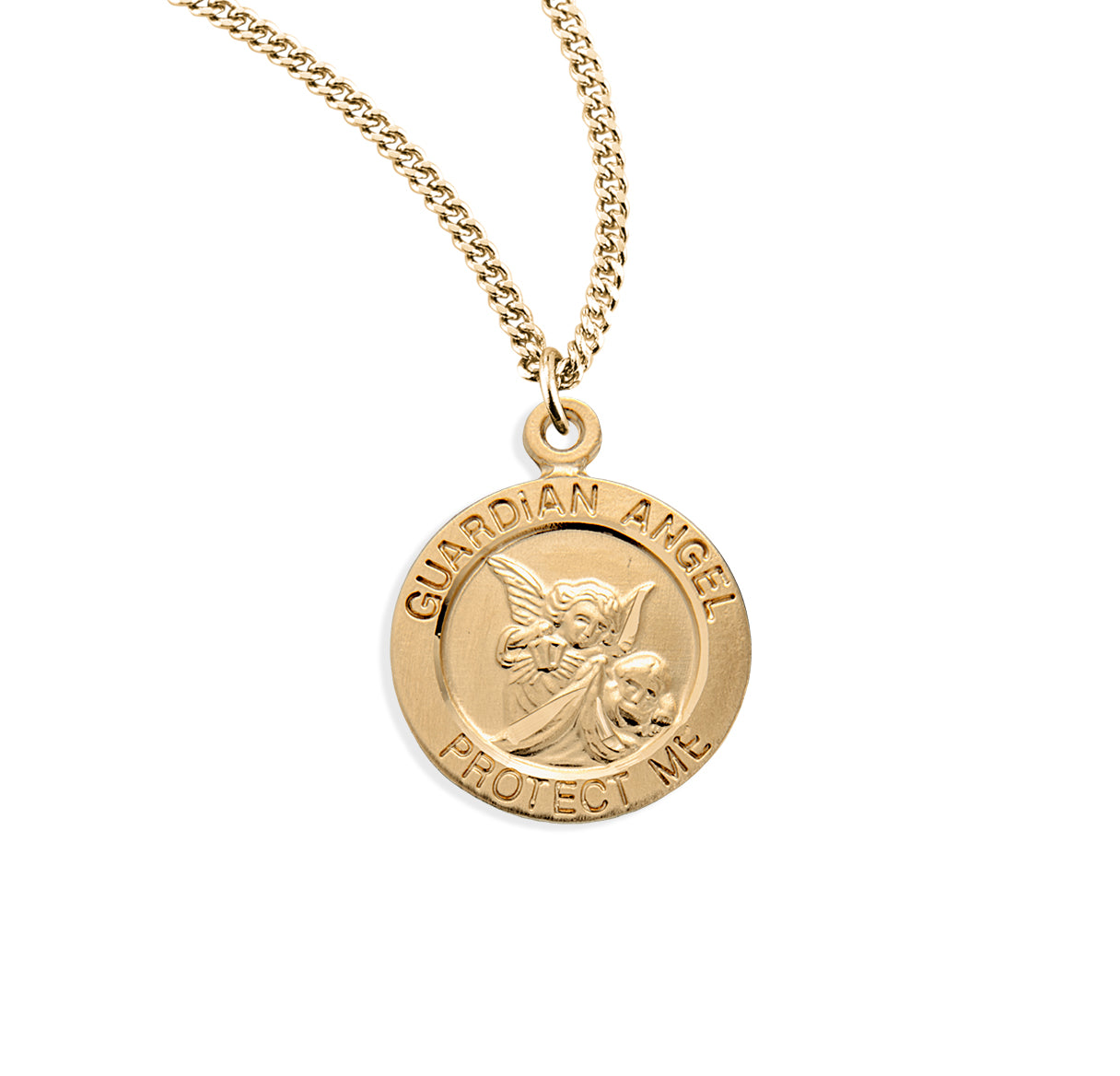 Guardian Angel Round Gold Over Sterling Silver Medal Pendant Necklace