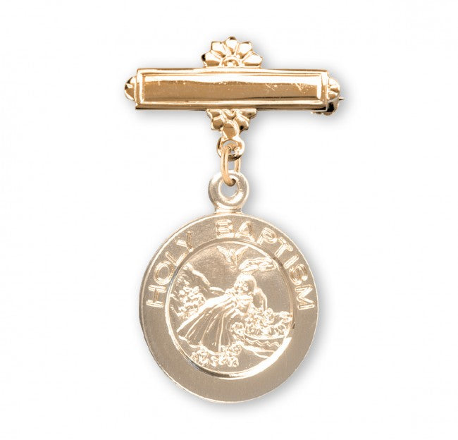 Extel Gold Over Sterling Silver Round Baby Holy Baptism Medal on a Bar  Pin, Catholic Baptism Gift, Made in USA