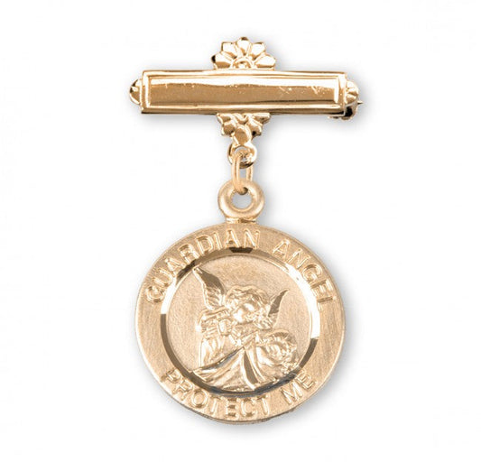 Extel Gold Over Sterling Silver Baby Guardian Angel Medal on a Bar Pin, Catholic Baptism Gift, Made in USA