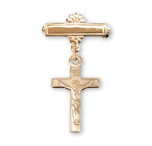 Extel Gold Over Sterling Silver Baby Crucifix on a Bar Pin, Catholic Baptism Gift, Made in USA