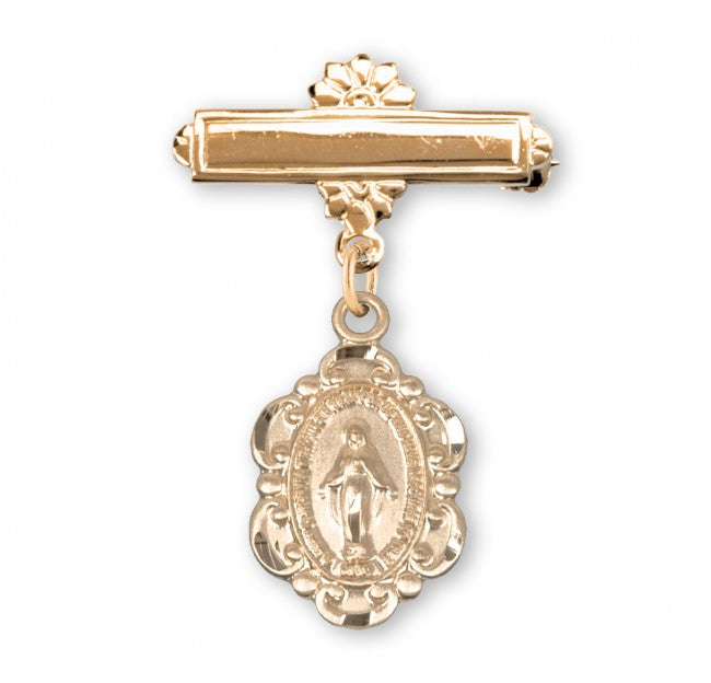 Extel Gold Over Sterling Baby Miraculous Medal on a Bar Pin, Catholic Baptism Gift, Made in USA
