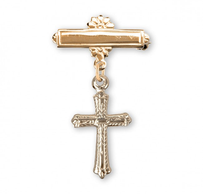 Extel Gold Over Sterling Silver Baby Cross on a Bar Pin, Catholic Baptism Gift, Made in USA